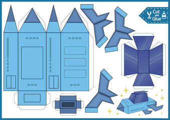 Craft game cut and glue 3d rocket. Kids paper craft template spaceship, shuttle. Children education activity printable page. DIY model space toys ufo.