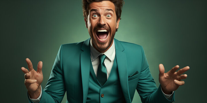 funny portrait of a expression of a surprised happy laughing man wearing a jacket against colorful background