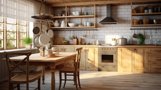 Interior of kitchen in rustic style. White furniture and wooden decor in bright cottage indoor.