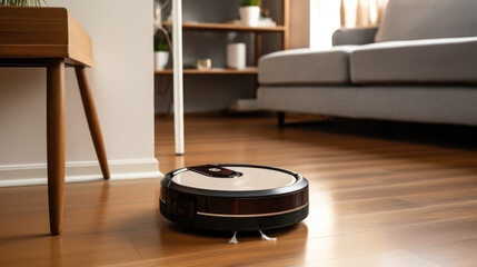 Robot vacuum cleaner on hardwood floor at home. smart home concept