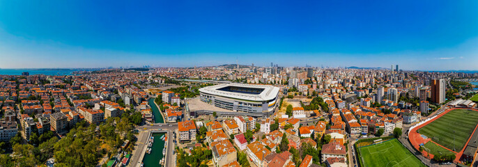 Kadikoy panoramic view. Istanbul, Turkey. Beautiful aerial view with drone shot. Fenerbahce Sukru Saracoglu Stadium with Kadikoy panorama.