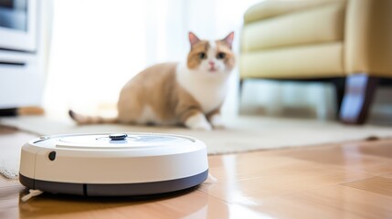 Funny cat looking on the robot with a vacuum cleaner in the living room at home with sofa. Rides the cleaner on wooden floor.