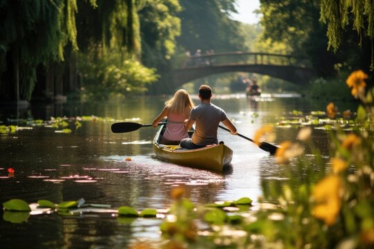 A happy family enjoys a leisurely summer kayaking adventure on a beautiful river surrounded by green wilderness.