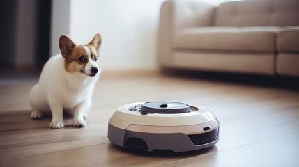 dog lying on carpet with robot vacuum cleaner, smart home system, funny animals
