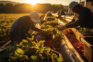 gathering strawberry harvest on plantation in farm - obrazy, fototapety, plakaty