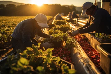 Fotobehang gathering strawberry harvest on plantation in farm © Наталья Добровольска