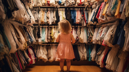 Fototapeta na wymiar Two Years Old Child Choosing her own Dresses from Kids Cloth Rack