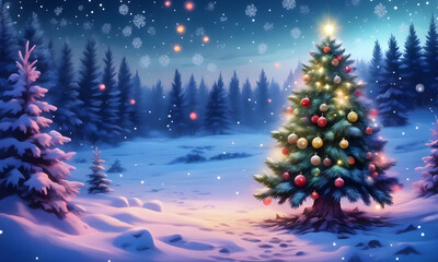 Beautiful Christmas Tree Winter Landscape Digital Art Graphic, Invitation Card Banner Website Design Background - ai generated