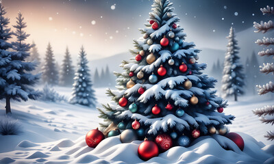 Beautiful Christmas Tree Winter Landscape Digital Art Graphic, Invitation Card Banner Website Design Background - ai generated