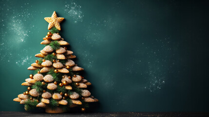 Traditional gingerbread cookie Christmas tree. Homemade sweet decorated biscuits with icing