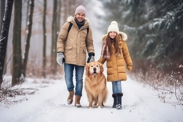 Happy smiling Caucasian family - father and daughter, walking their pet golden retriever in the winter forest.