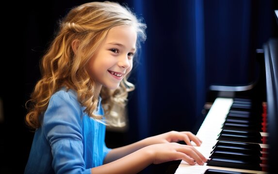 Portrait of a young 10 year old girl playing the piano. Generative AI