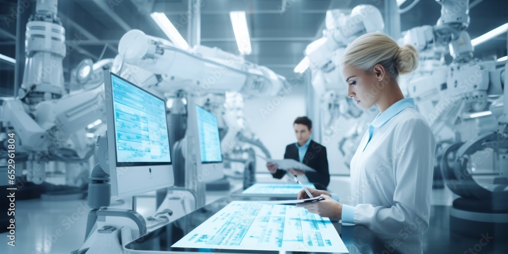 Aufkleber Automation in a White Factory, Where a Woman and a Robot Collaborate Efficiently Using Computers in a High-Tech Industrial Setting