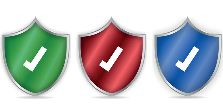 Shields with check marks. Check Marks Information Silver Buttons Icons, stock. Vector illustration