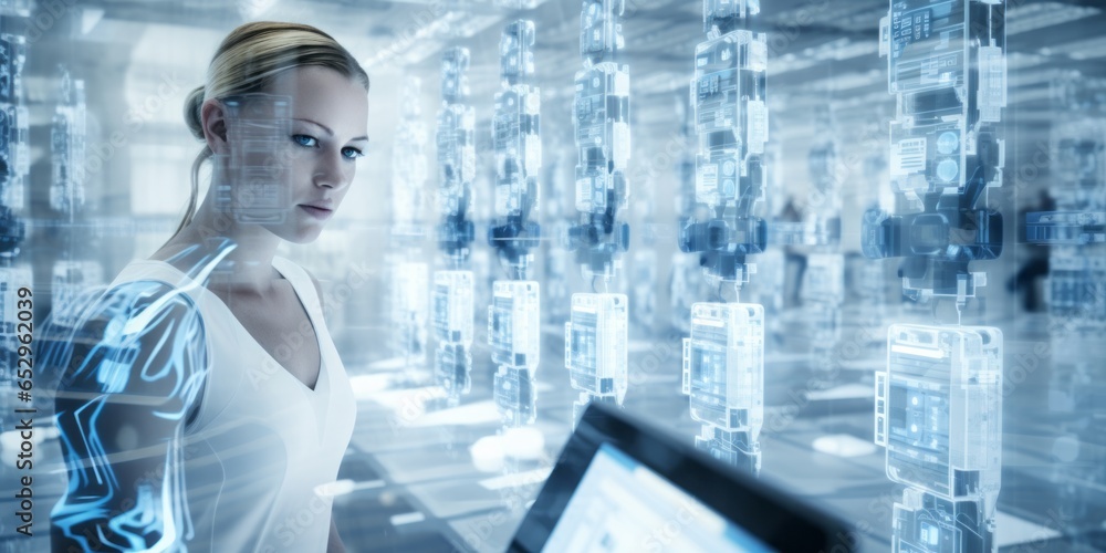 Aufkleber Automation in a White Factory, Where a Woman and a Robot Collaborate Efficiently Using Computers in a High-Tech Industrial Setting