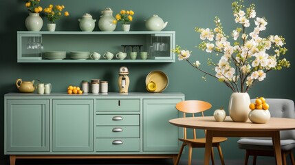 Fragment of modern classic green kitchen. Wooden dining table and chairs, sideboard with crockery, vases with flowers, fresh fruits, decor. Contemporary home design. 3D rendering.