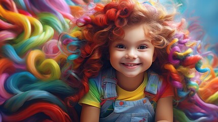 A little girl with a bunch of colorful hair