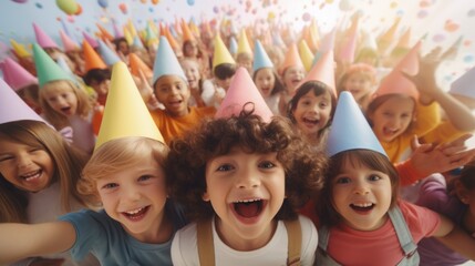 A group of young children wearing party hats