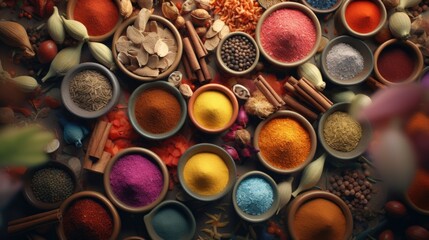 A table topped with bowls filled with different types of spices - obrazy, fototapety, plakaty