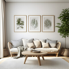 mockup of a bright but cosy living room with three different sized portrait frames on the wall and a window