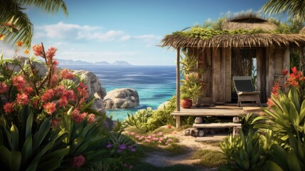 Fototapeta premium A hut sitting on top of a lush green hillside