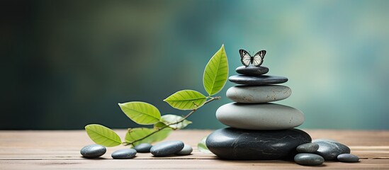 Zen balance image with stone silhouette butterfly and peaceful background representing feng shui and harmony for meditation and day spa - obrazy, fototapety, plakaty