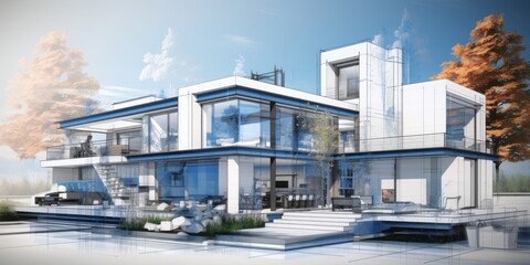 Modern Home Construction: Industrial and Technological Aesthetics Merge in Blueprint-Driven Design and Building Plans, Showcasing Innovation in Residential Development and Urban Infrastructure - obrazy, fototapety, plakaty
