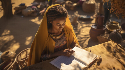 From above, a dedicated female teacher meticulously takes notes, her focus an anchor in the sea of knowledge.