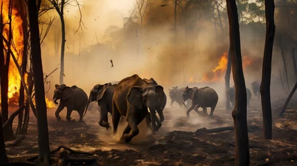 Foto op Canvas Animals Running Escaping To Save Their Lives from the burning forest. climate change, droughts and forest fires concept © zayatssv