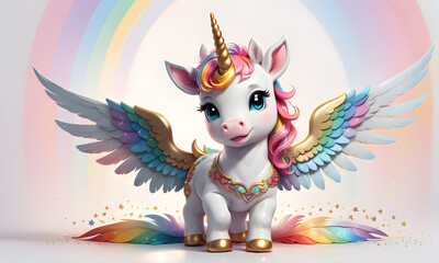 Little Unicorn Wings Rainbow Cute 3D Art Animated Graphic, Invitation Card Banner Website Design Background - ai generated