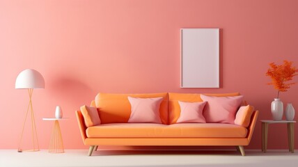 Stylish monochrome interior of modern living room in pastel orange and pink tones. Trendy couch, floor lamp, poster template. Creative home design. Mockup, 3D rendering.