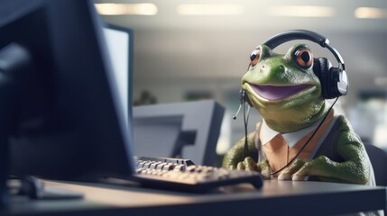 operator frog in headphones with microphone working in office - obrazy, fototapety, plakaty