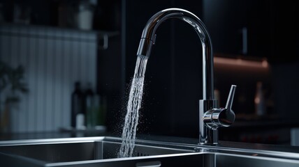 Close-up shot of water tap in modern luxury kitchen. Metal sink, chrome faucet with running water. Beautiful dramatic light, blurred background. Contemporary interior design. 3D rendering.