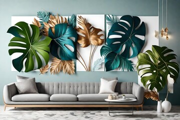 A set of 3 canvases for wall decoration in the living room, office, bedroom, kitchen, office. Home decor of the walls. Luxurious floral background with different colour leaves monstera. 