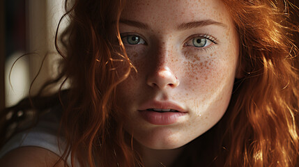 natural close up portrait of a female beauty model with ginger colored  hair and freckles on her skin - obrazy, fototapety, plakaty