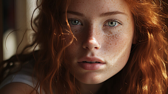 Natural Close Up Portrait Of A Female Beauty Model With Ginger Colored  Hair And Freckles On Her Skin