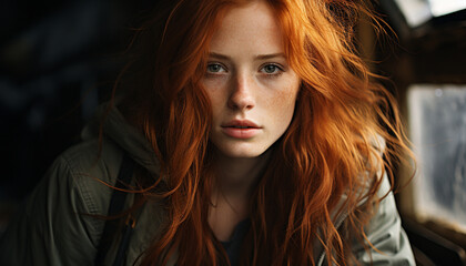 Fototapeta premium Young woman with long brown hair, looking at camera with confidence generated by AI