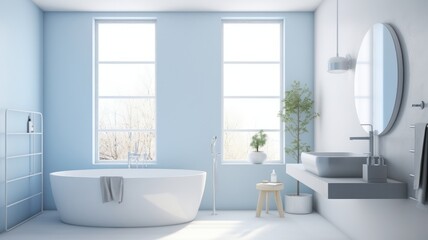 Fototapeta na wymiar Interior of modern luxury scandi style bathroom with window and white walls. Free standing bathtub, countertop sink on white wall-hung cabinet, wall mirror. Contemporary home design. 3D rendering.