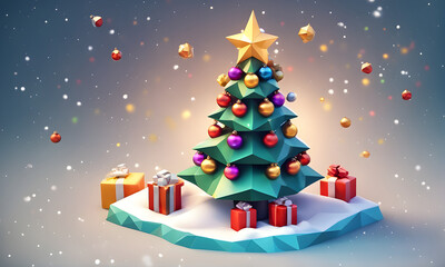 Low Poly Christmas Tree Winter Landscape Digital Art Graphic, Invitation Card Banner Website Design Background - ai generated
