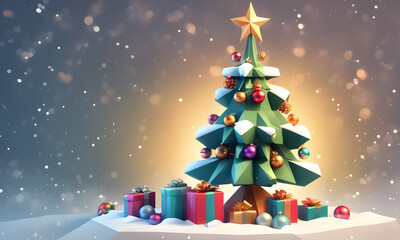 Fototapeta premium Low Poly Christmas Tree Winter Landscape Digital Art Graphic, Invitation Card Banner Website Design Background - ai generated