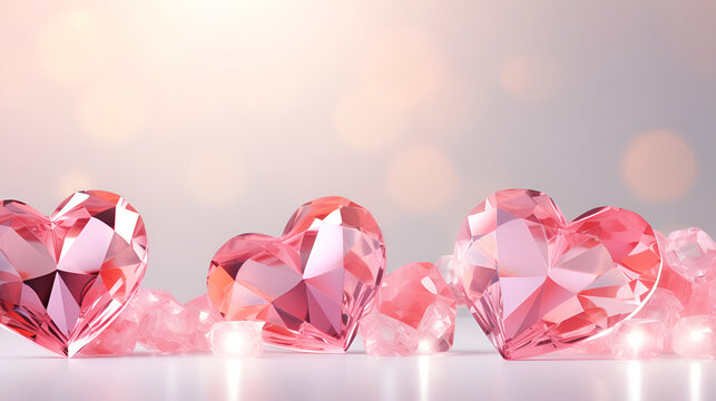 Pink crystal hearts on pink bokeh background, love banner, greeting card, close-up. Happy Valentine's Day background with 3d hearts, copy space. Love and relations. 14 February banner with pink hearts