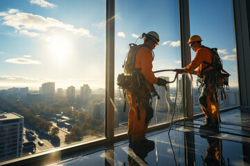 Window cleaners workers washing windows in a high-rise building, high-rise work in skyscrapers - obrazy, fototapety, plakaty