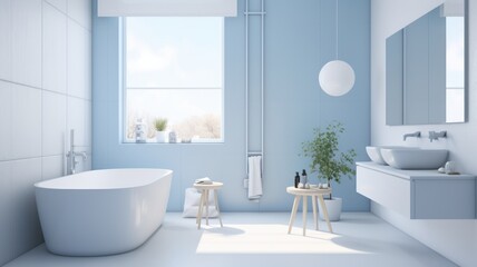 Interior of modern luxury scandi style bathroom with window and white walls. Free standing bathtub, countertop sink on white wall-hung cabinet, wall mirror. Contemporary home design. 3D rendering.