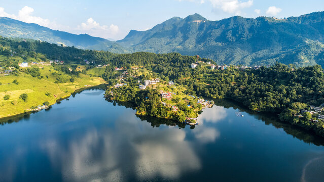 Pokhara cityscape with phewa lake in Nepal