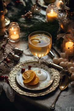 table with glass of cocktail with champagne, blurred christmas tree on background. AI Generated