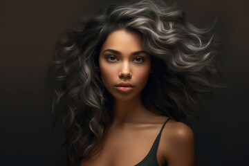 Close up of a Luxury portrait of a beautiful woman with long hair and a black background.
