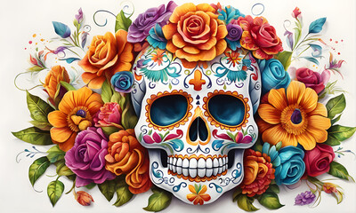 Sugar Skull Flowers Fiesta Digital Art Graphic, Festival Wall Art Banner Website Design Background - ai generated