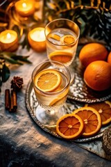 table with glass of cocktail with champagne, blurred christmas tree on background. AI Generated