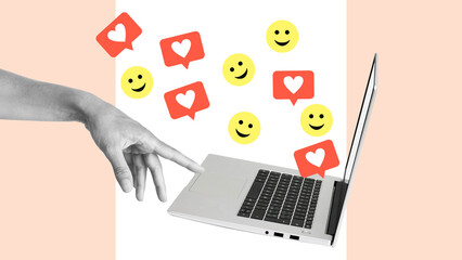 Blogger with laptop rejoices social media likes and checking the number of followers isolated on...