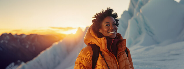 Lifestyle portrait of black woman in orange parka on winter mountain summit trek over snow and ice, extreme outdoor adventure - obrazy, fototapety, plakaty